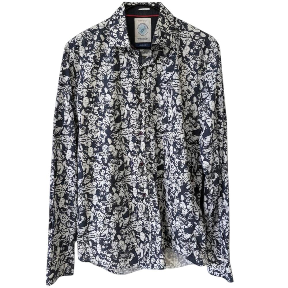 A Fish Named Fred Men's Shirt Small M Black White Abstract Print Cotton Stretch